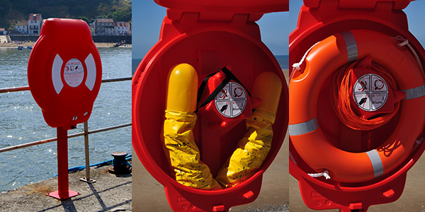 Lifebuoy ring housing displaying B-Line flotation system and life ring, compliant emergency water safety equipment for municipal and industrial sites.